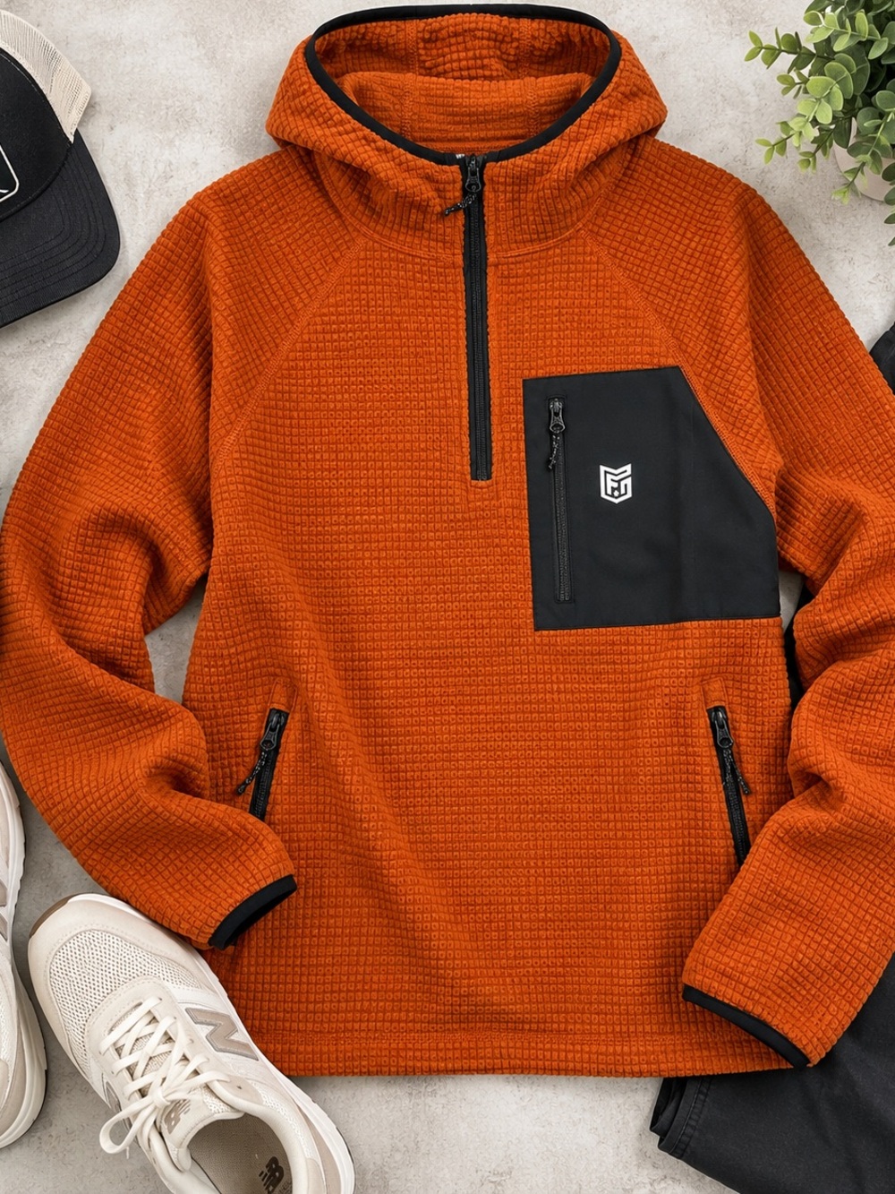 Freedom Industries Orange Waffle Knit 1/4 Zip Hoodie Outdoor Pullover